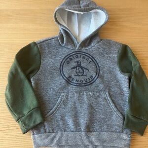 Original Penguin Munsingwear Boys Gray Hooded Sweatshirt with Green Sleeves 4T